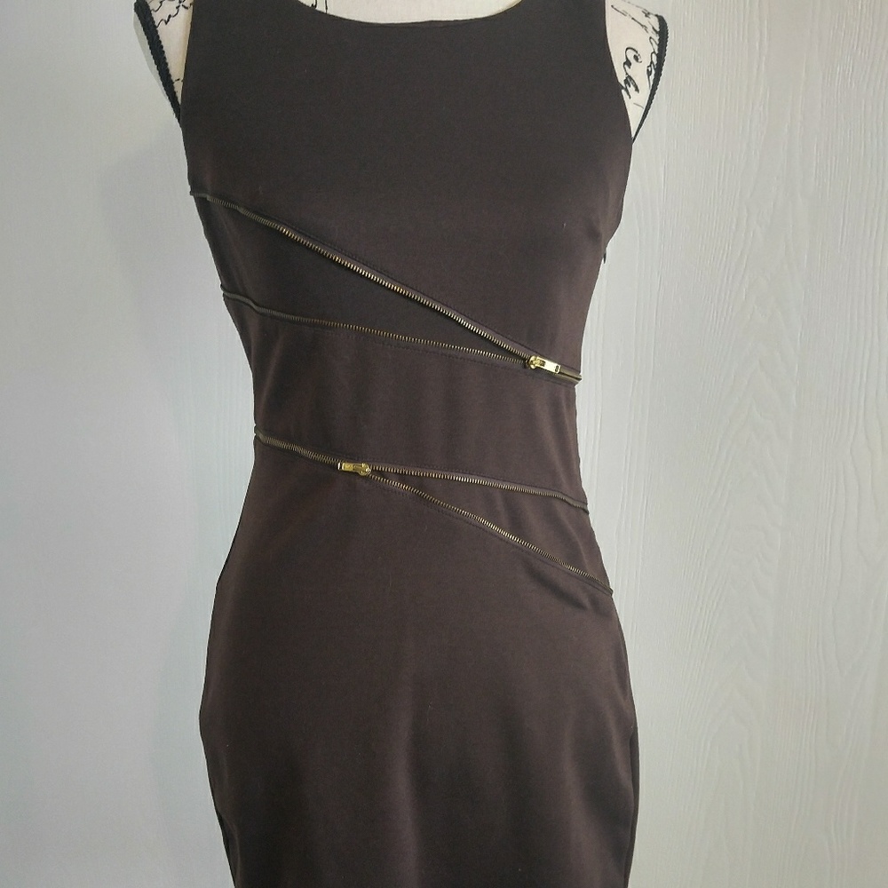 Brown zipper stretch dress